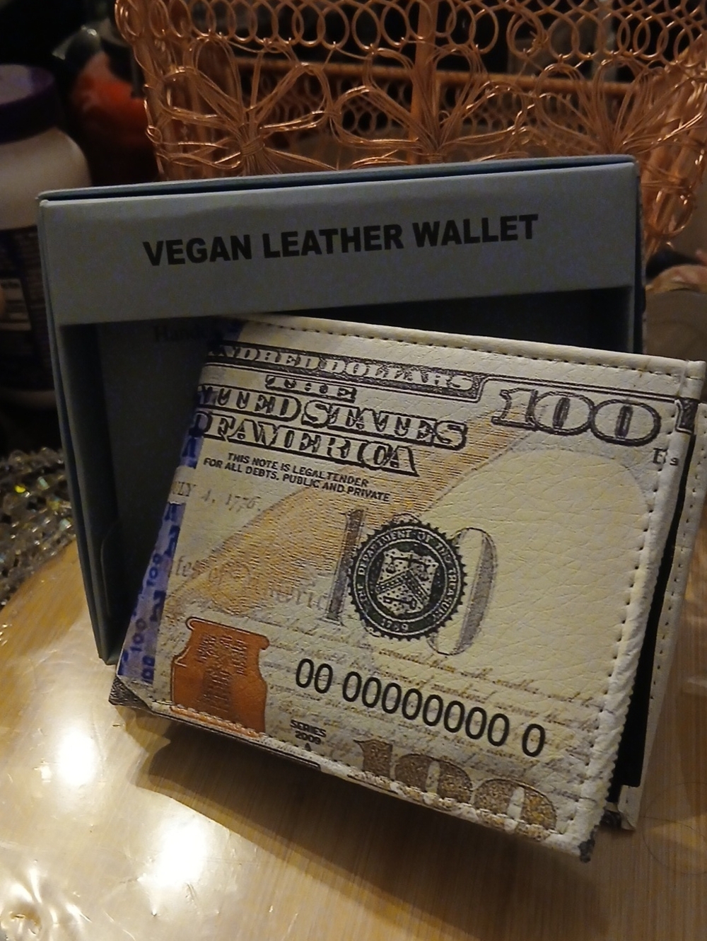 Vegan Leather White Money Print Bi-Fold Wallet New